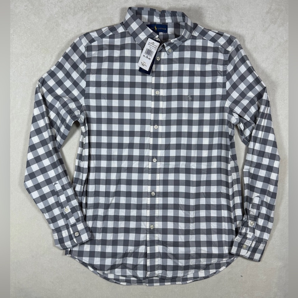 NWT Polo Ralph Lauren Boys XL 18-20 Gray and White Plaid Gingham Shirt